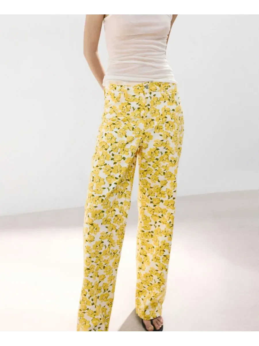 Джинсы прямого кроя с цветочным принтом, модель Floral Pattern Straight-Leg MANGO — изображение 6 из 6, желтый