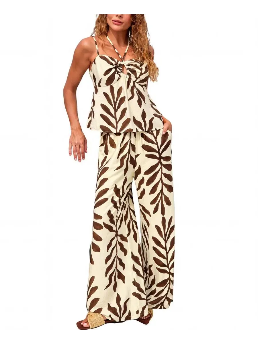 Комплект из топа с принтом и широких брюк Leaf Print Keyhole Cami Top and Wide Leg Pants Matching