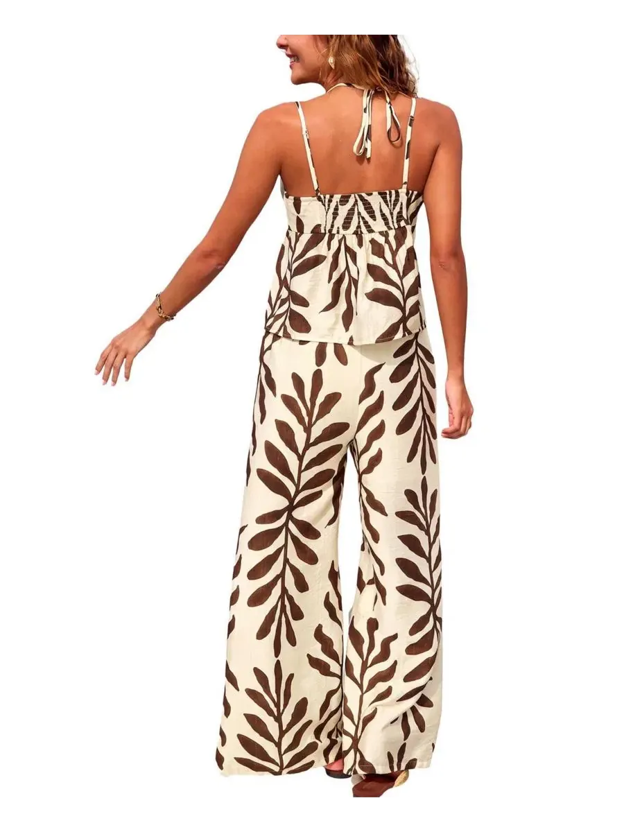 Комплект из топа с принтом и широких брюк Leaf Print Keyhole Cami Top and Wide Leg Pants Matching — изображение 2 из 3
