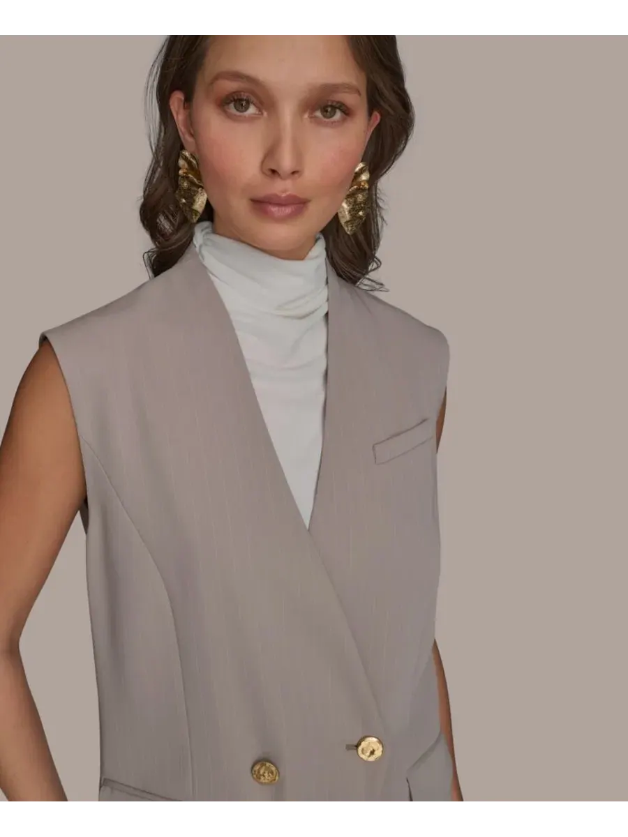 Жилет без рукавов с V-образным вырезом Donna Karan New York — изображение 4 из 9, кремовый