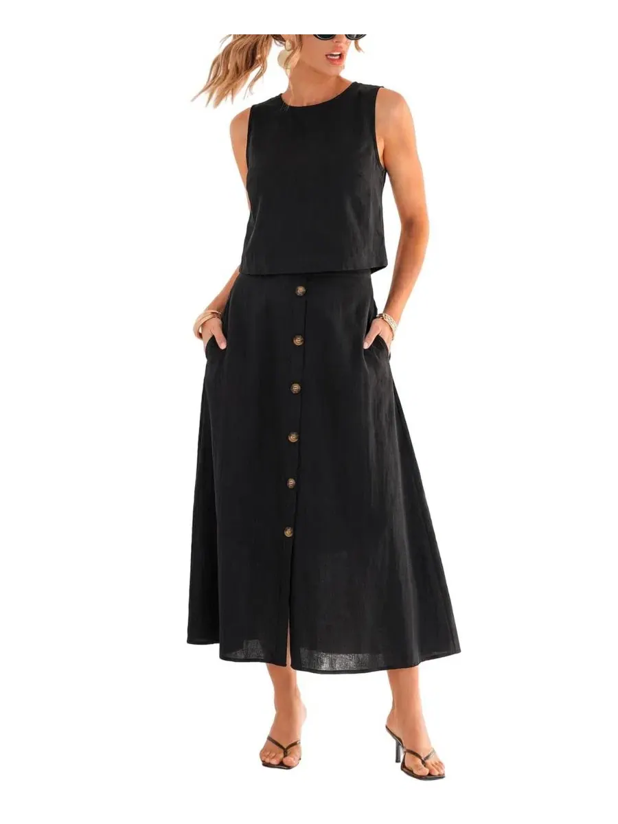 Комплект из футболки с юбкой на пуговицах, модель Crew Neck Button Skirt Set Cupshe