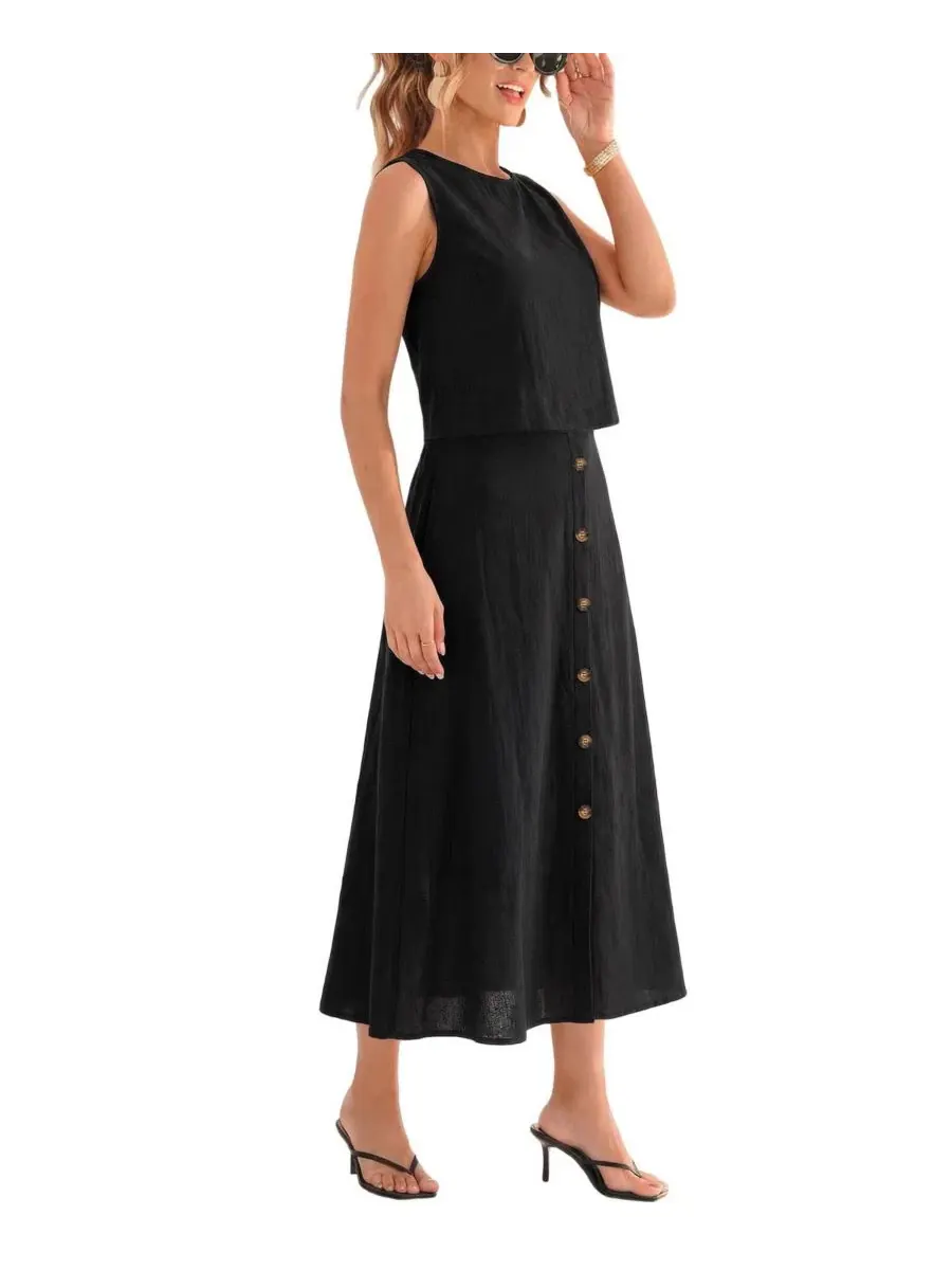 Комплект из футболки с юбкой на пуговицах, модель Crew Neck Button Skirt Set Cupshe — изображение 2 из 5, черный