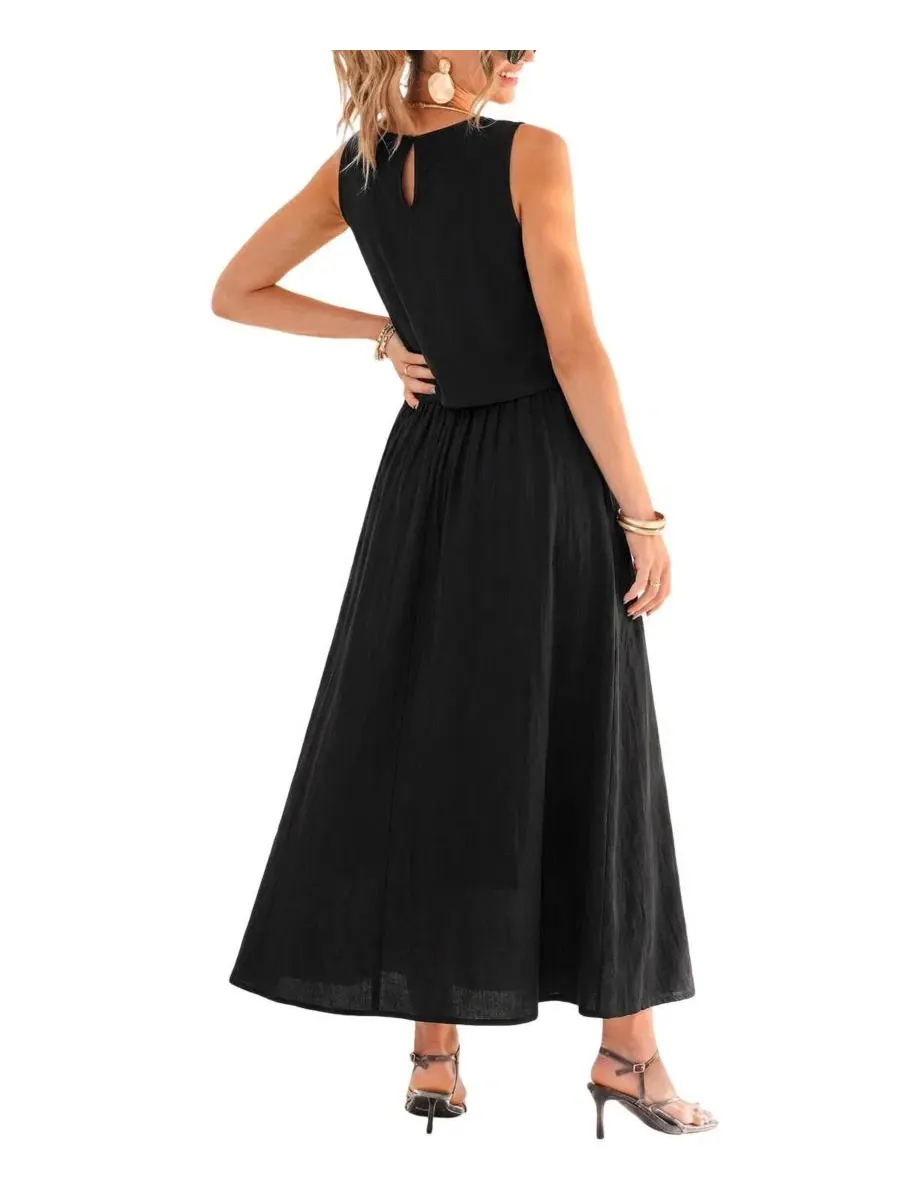 Комплект из футболки с юбкой на пуговицах, модель Crew Neck Button Skirt Set Cupshe — изображение 3 из 5, черный