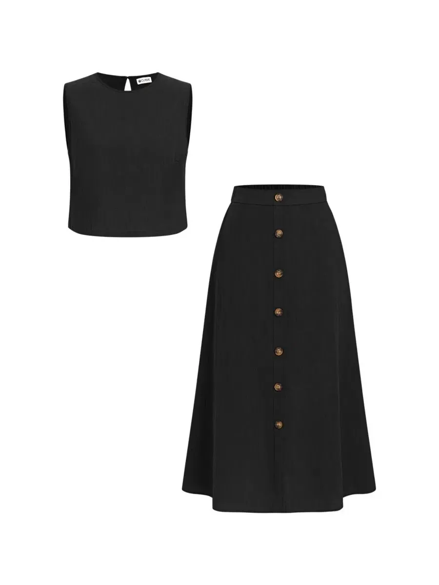 Комплект из футболки с юбкой на пуговицах, модель Crew Neck Button Skirt Set Cupshe — изображение 4 из 5, черный