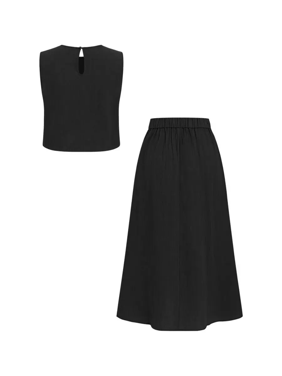 Комплект из футболки с юбкой на пуговицах, модель Crew Neck Button Skirt Set Cupshe — изображение 5 из 5, черный