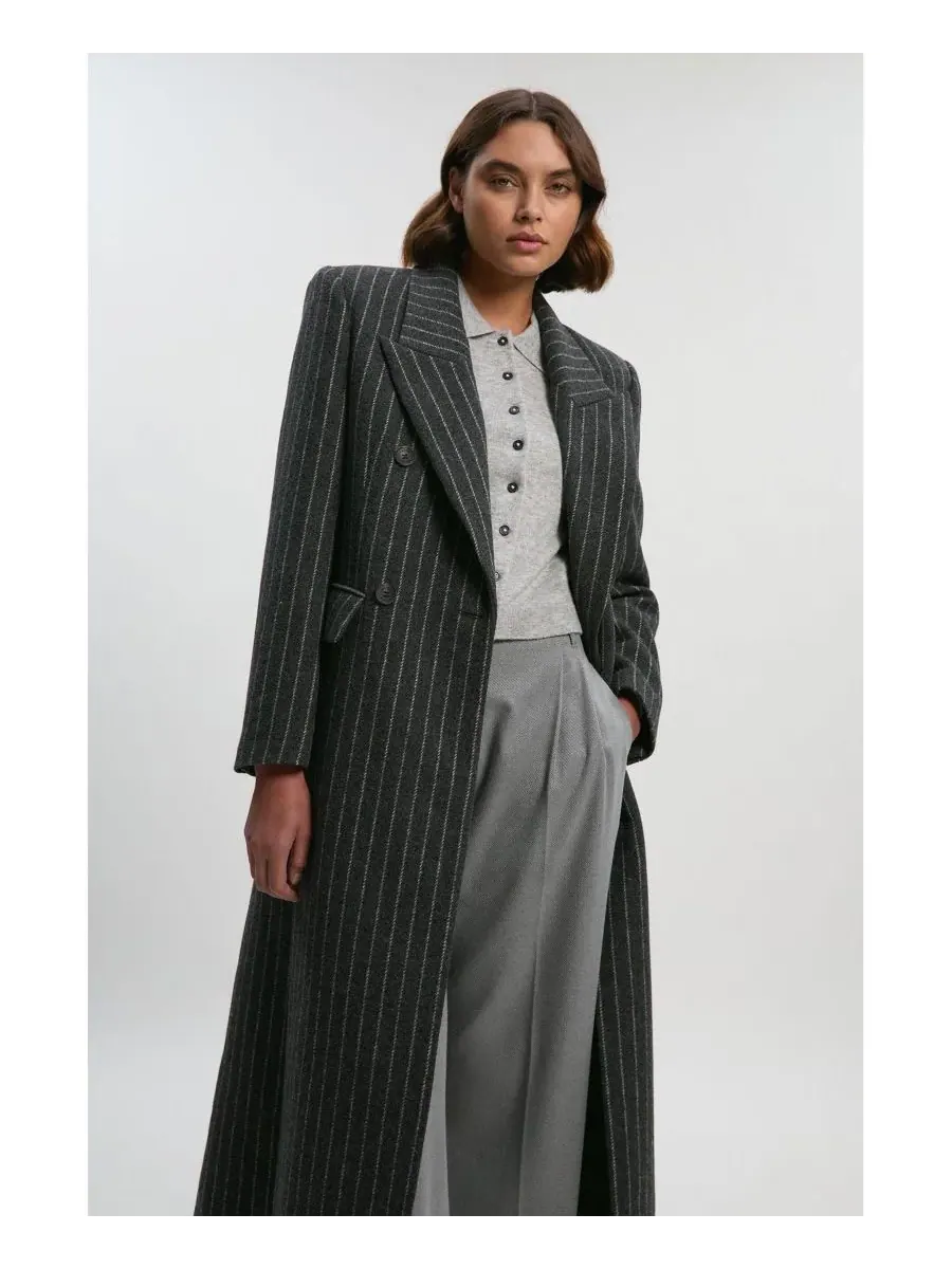Женское двубортное длинное пальто Karen Millen — изображение 2 из 8, серый