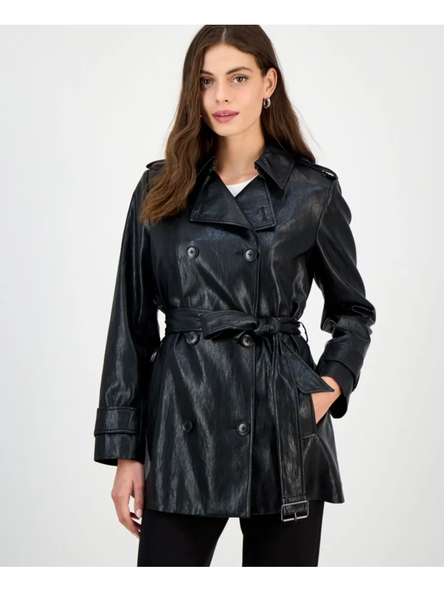 Женский двубортный тренч из искусственной кожи с поясом, размеры P/XXS-XXL BCBGMAXAZRIA