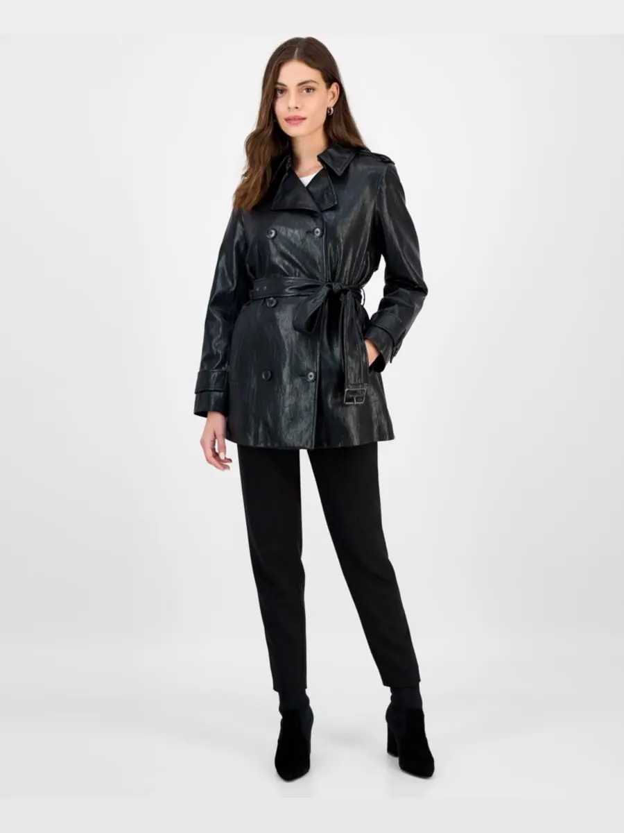 Женский двубортный тренч из искусственной кожи с поясом, размеры P/XXS-XXL BCBGMAXAZRIA — изображение 2 из 4, черный
