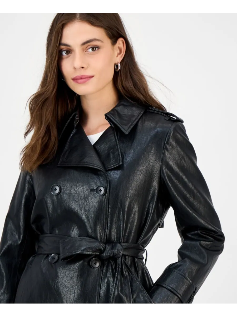 Женский двубортный тренч из искусственной кожи с поясом, размеры P/XXS-XXL BCBGMAXAZRIA — изображение 3 из 4, черный