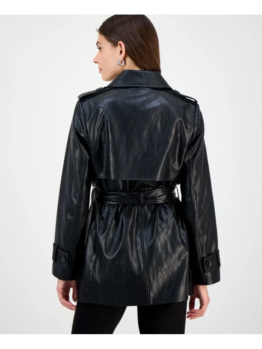 Женский двубортный тренч из искусственной кожи с поясом, размеры P/XXS-XXL BCBGMAXAZRIA — изображение 4 из 4, черный