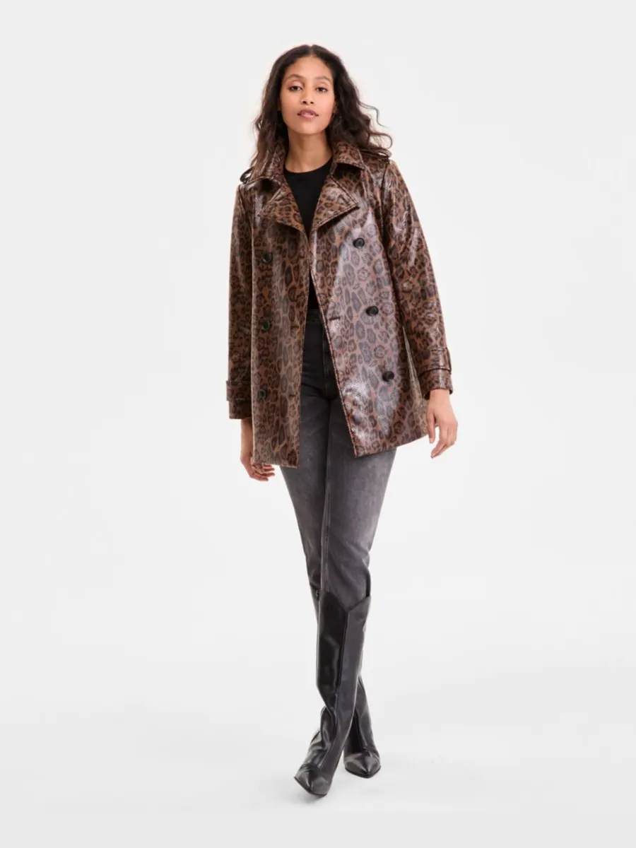 Женский двубортный тренч из искусственной кожи с поясом, размеры P/XXS-XXL BCBGMAXAZRIA — изображение 2 из 5, леопардовый