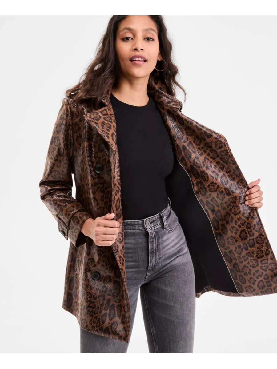 Женский двубортный тренч из искусственной кожи с поясом, размеры P/XXS-XXL BCBGMAXAZRIA — изображение 3 из 5, леопардовый