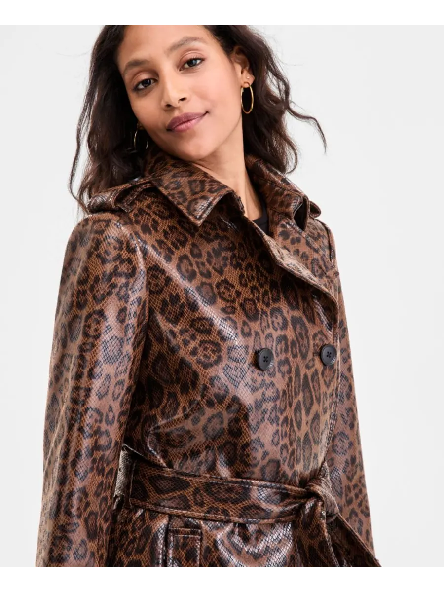 Женский двубортный тренч из искусственной кожи с поясом, размеры P/XXS-XXL BCBGMAXAZRIA — изображение 4 из 5, леопардовый