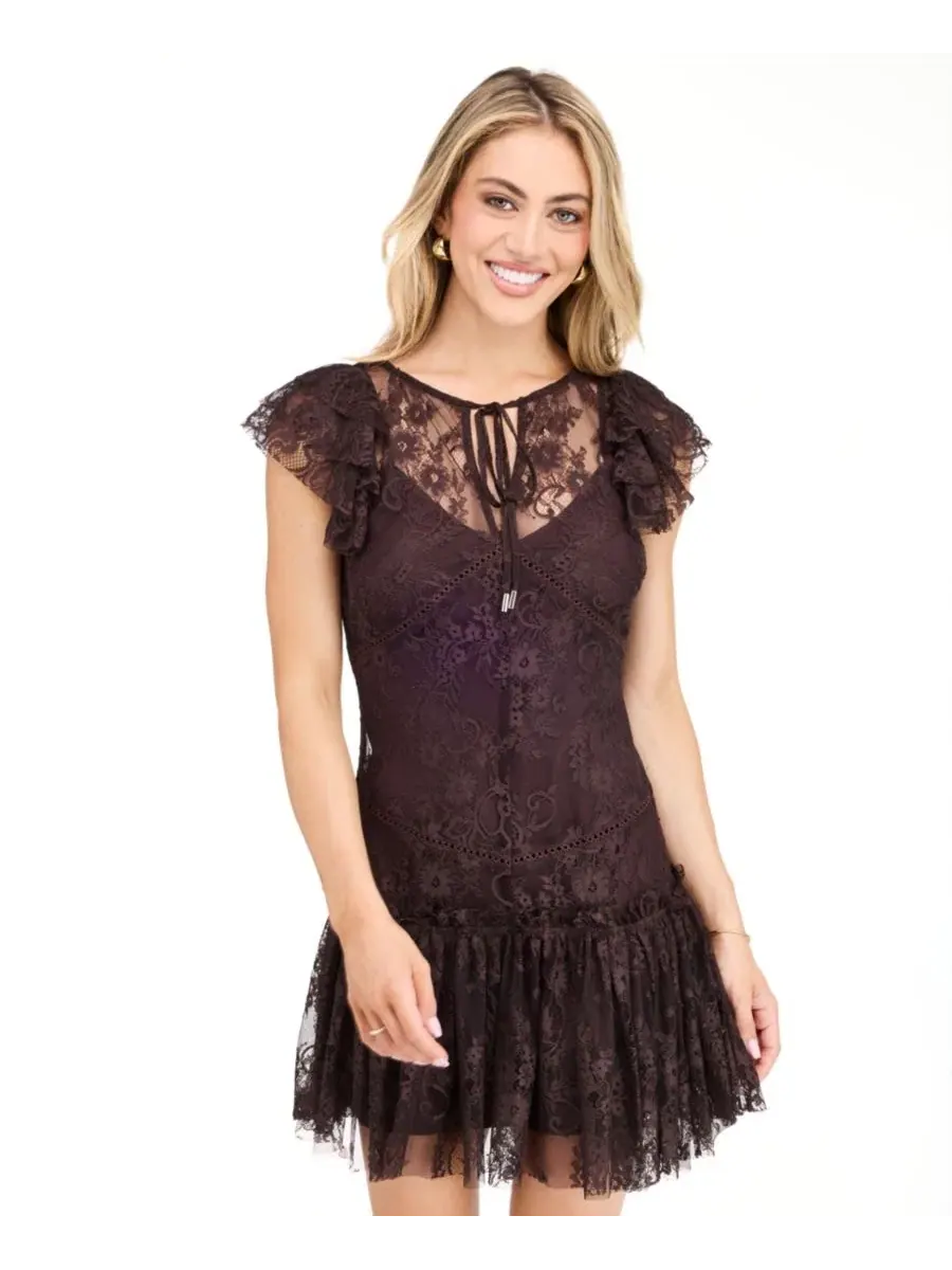 Платье-трапеция с кружевной отделкой и завязкой Aubrey Lace Floral Keyhole Mini Dress Kittenish — изображение 2 из 6
