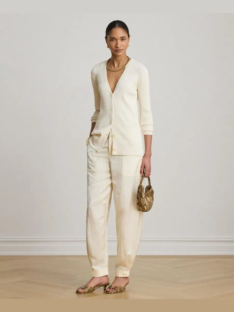 Брюки-карго из вискозы и льна, с высокой посадкой Lauren Ralph Lauren — изображение 2 из 6, кремовый