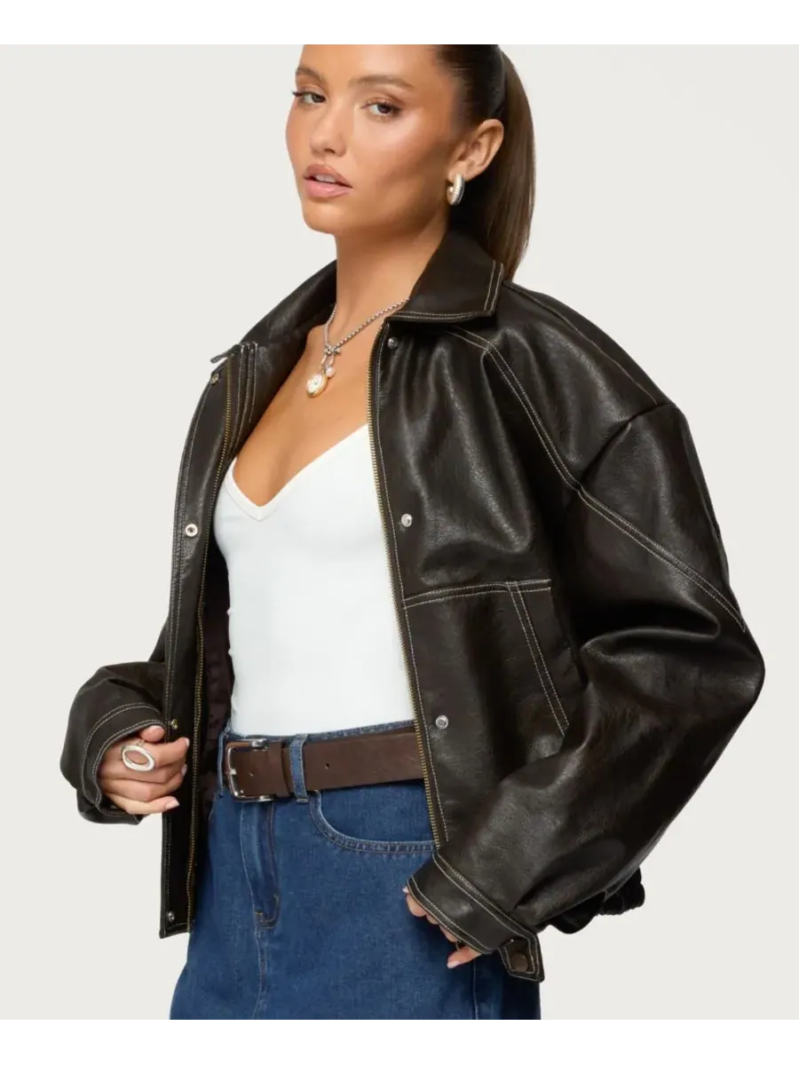 Женская куртка-бомбер Jaxson Oversized из искусственной кожи Edikted — изображение 3 из 5, коричневый