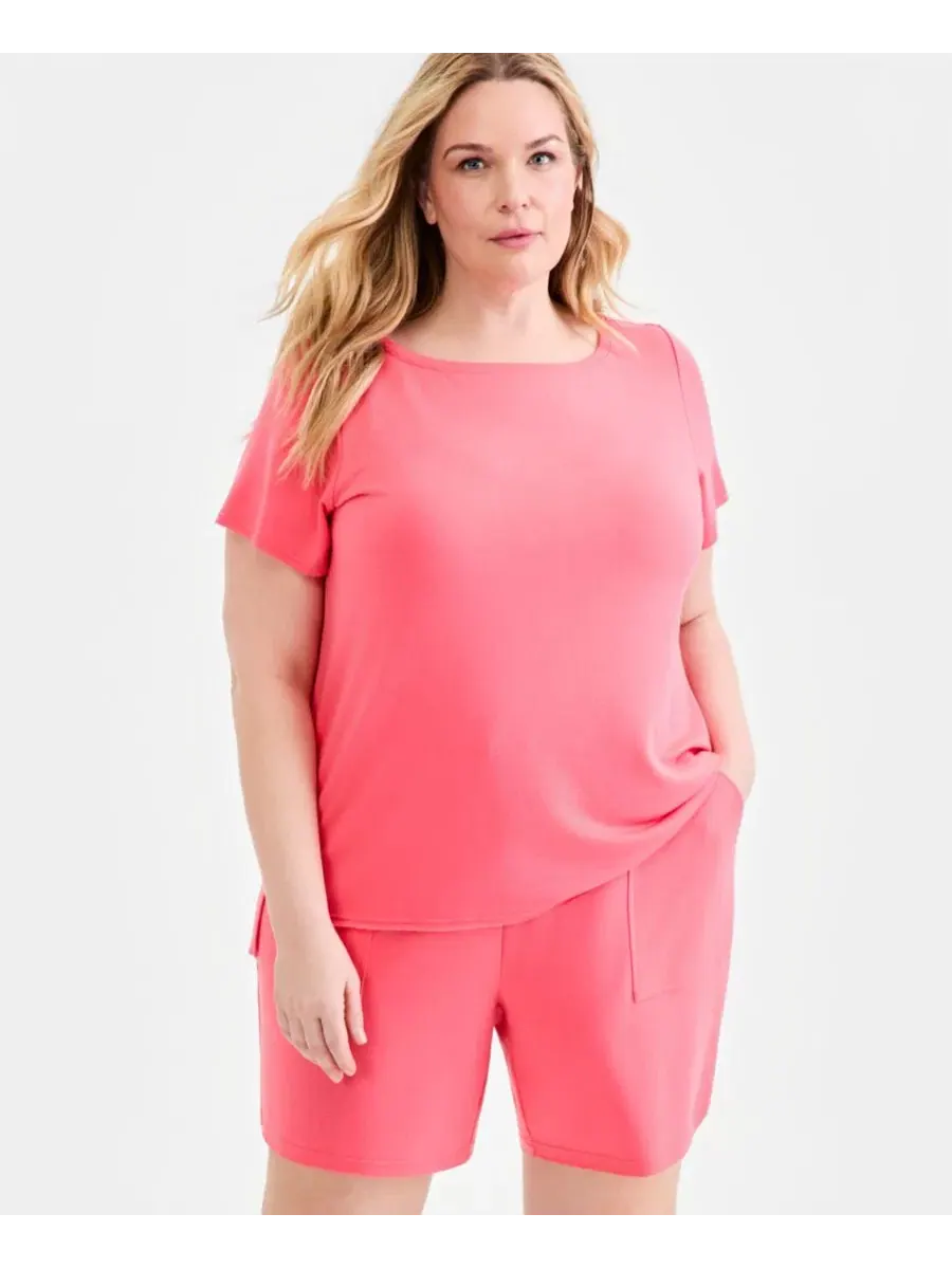Женский топ из футера с коротким рукавом LuxLounge French Terry Style & Co, Tuscon Coral — изображение 1 из 3