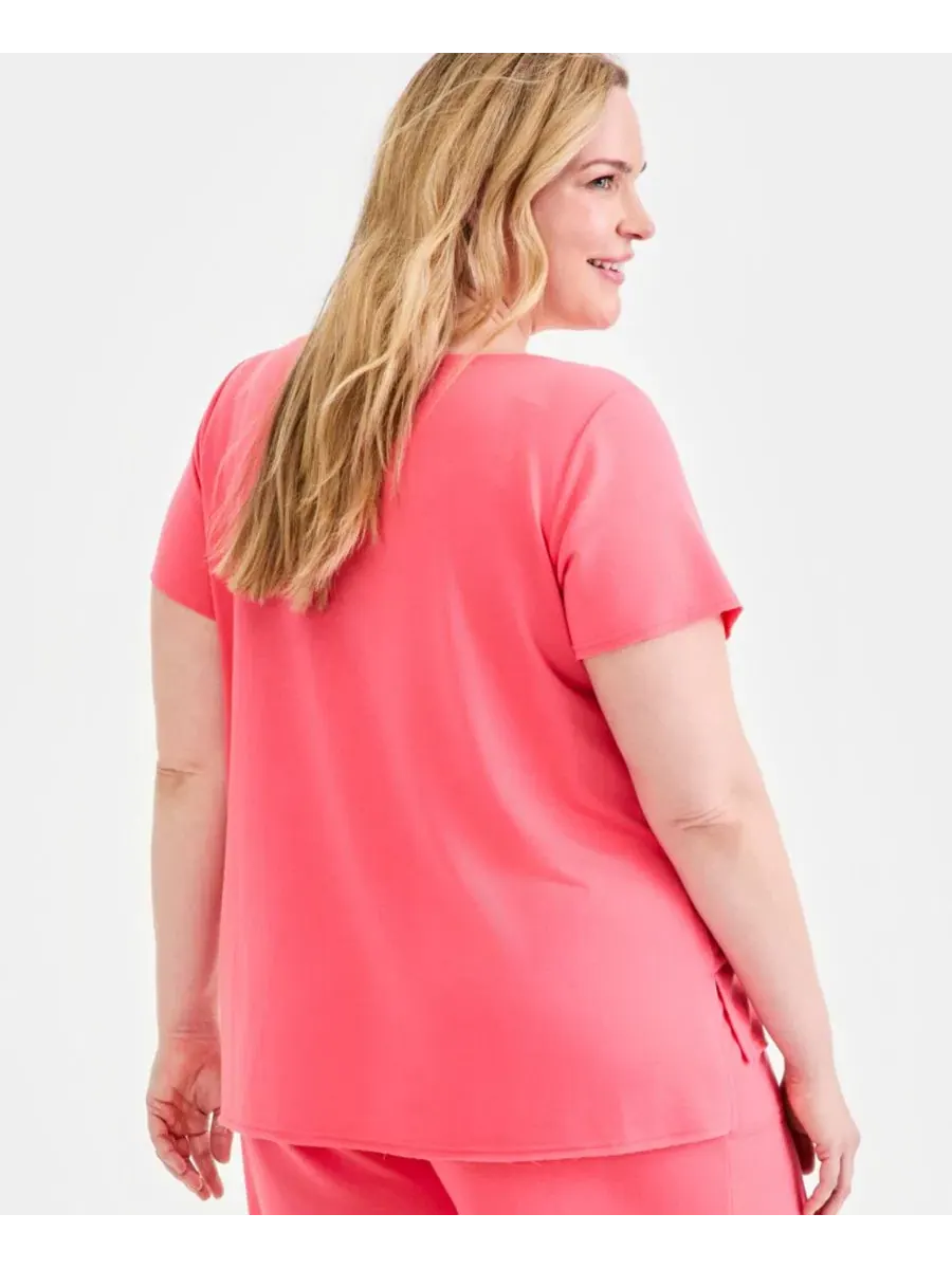Женский топ из футера с коротким рукавом LuxLounge French Terry Style & Co, Tuscon Coral — изображение 2 из 3