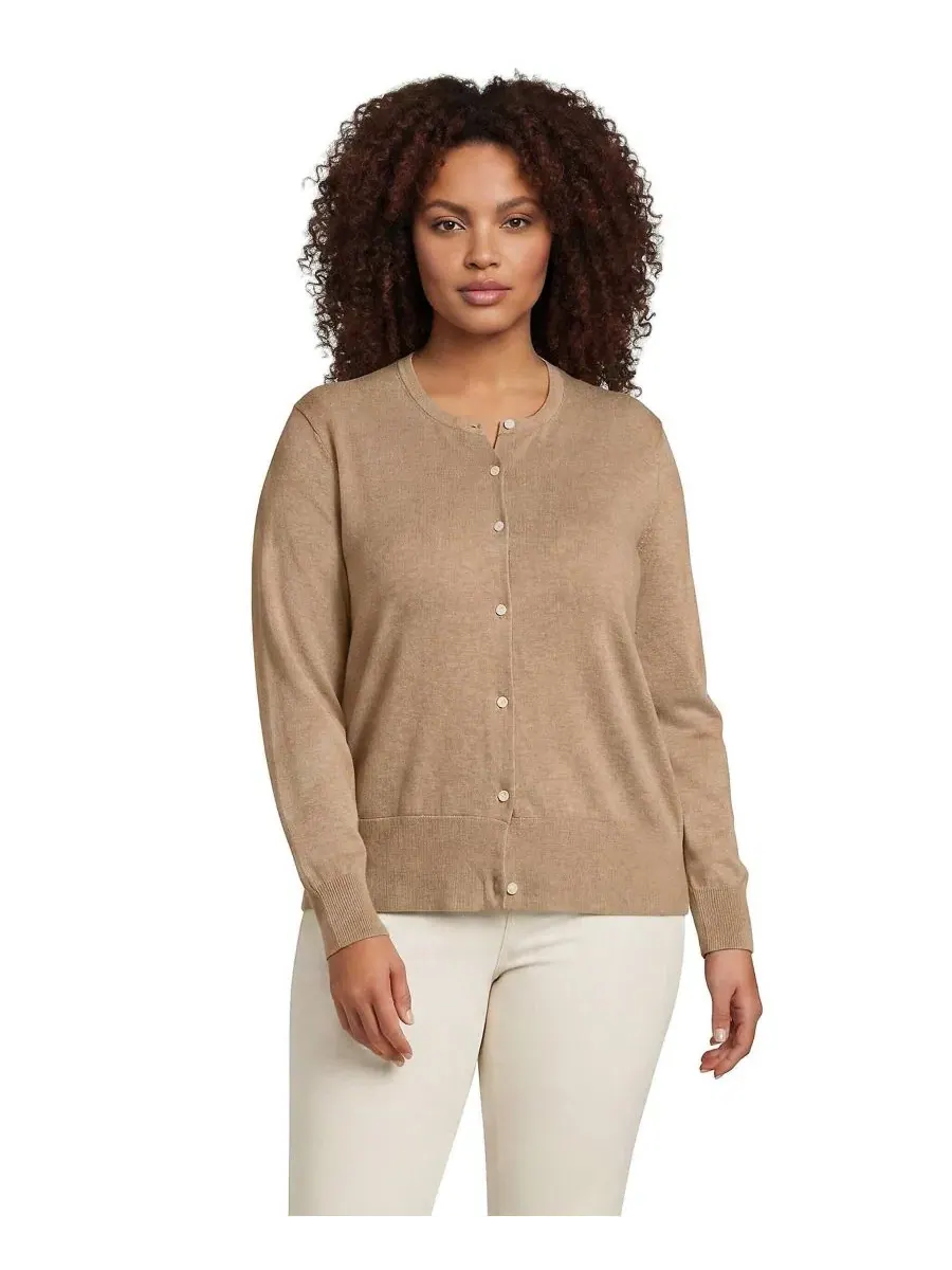 Кардиган из хлопкового трикотажа Plus Size Fine Gauge Cotton Crew Lands' End, Vicuna Heather — изображение 2 из 3