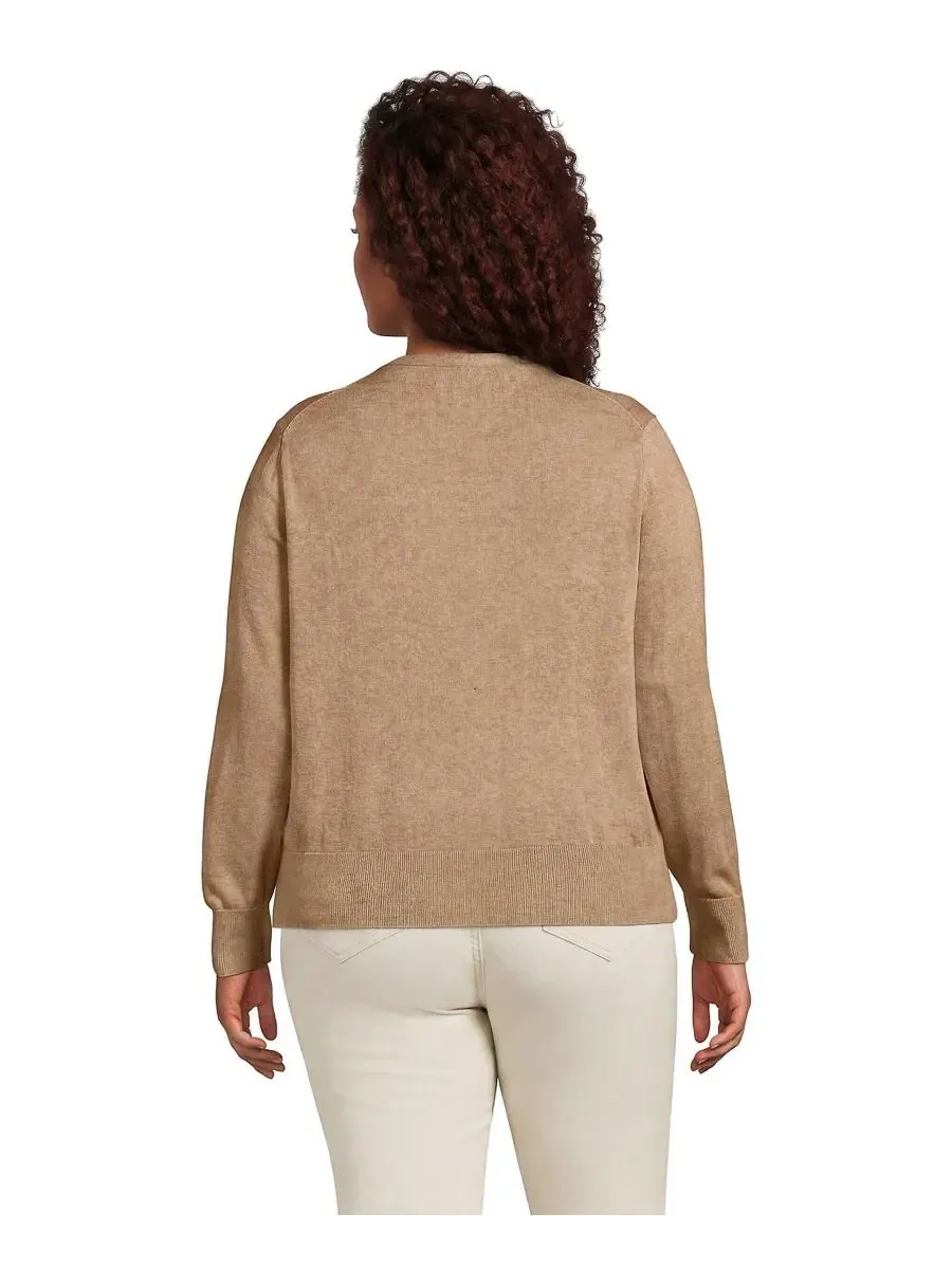 Кардиган из хлопкового трикотажа Plus Size Fine Gauge Cotton Crew Lands' End, Vicuna Heather — изображение 3 из 3