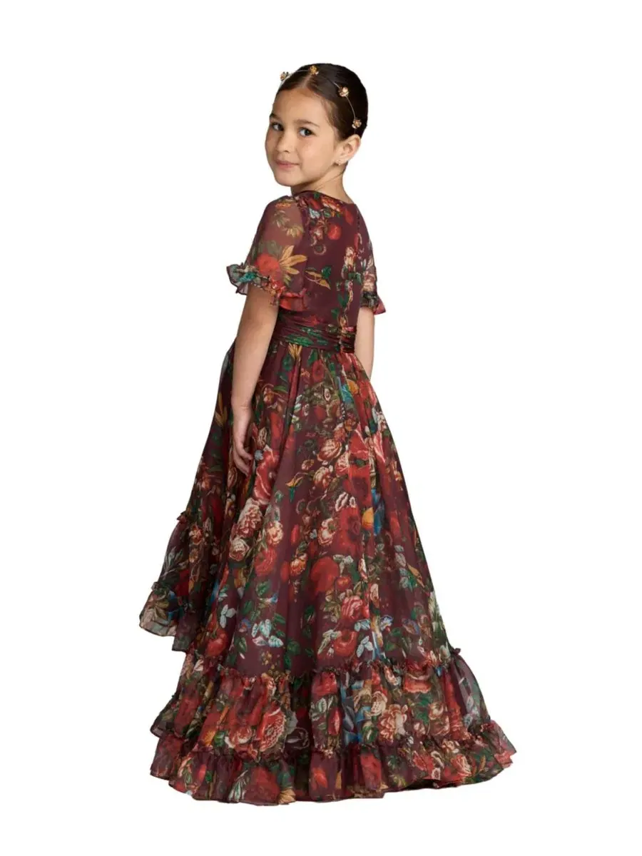 Платье-макси с воланами Big Girls 6-14 High Neck Ruffle Hi Low Gown Mac Duggal — изображение 2 из 3, винный мульти