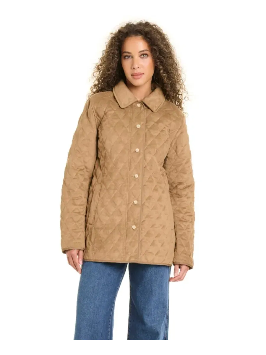 Женское пальто-бомбер с ромбовидной стежкой, Faux Suede Diamond Quilted Jones New York, Cocoa Mocha