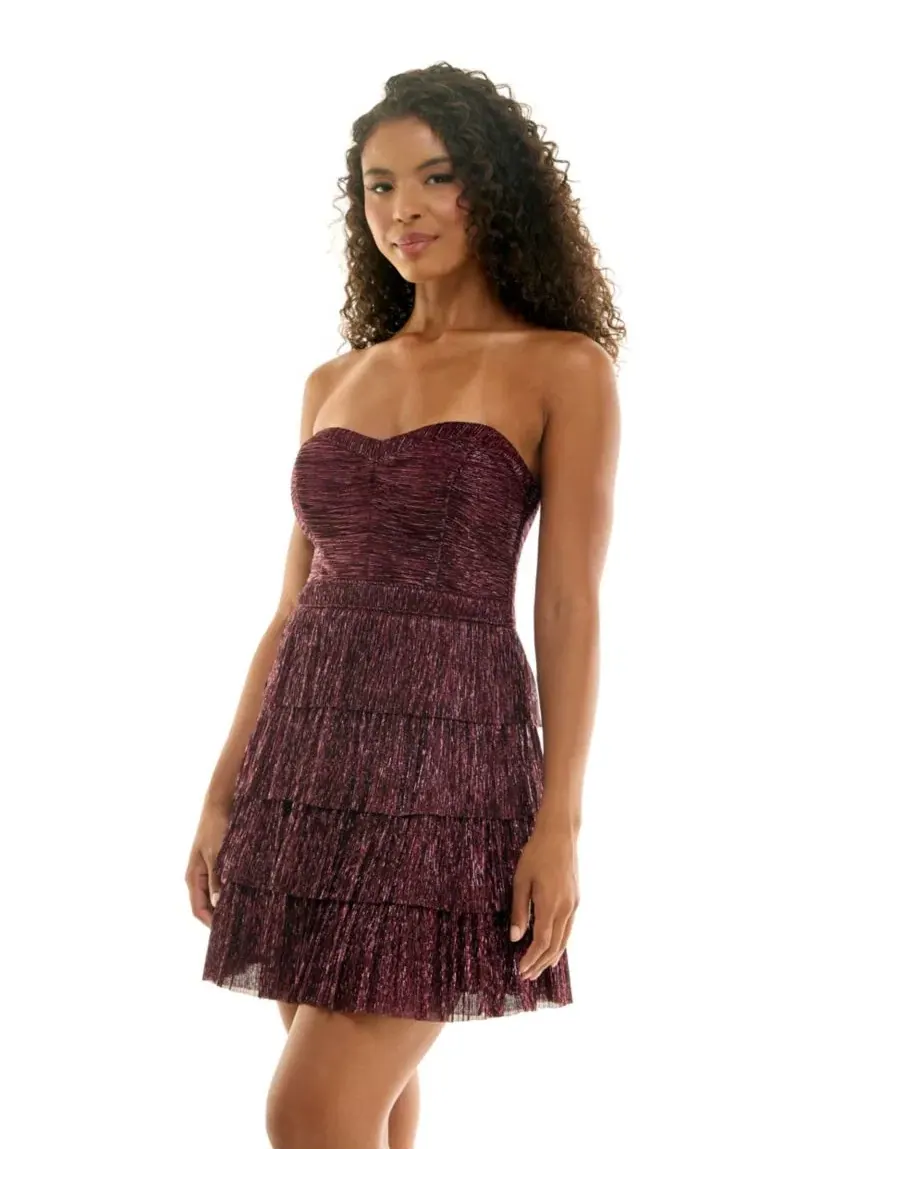 Платье-мини без бретелей с многослойной юбкой Metallic Ruched Strapless Tiered Skirt Mini Dress