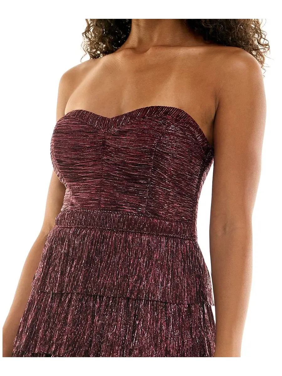Платье-мини без бретелей с многослойной юбкой Metallic Ruched Strapless Tiered Skirt Mini Dress — изображение 3 из 6, красный