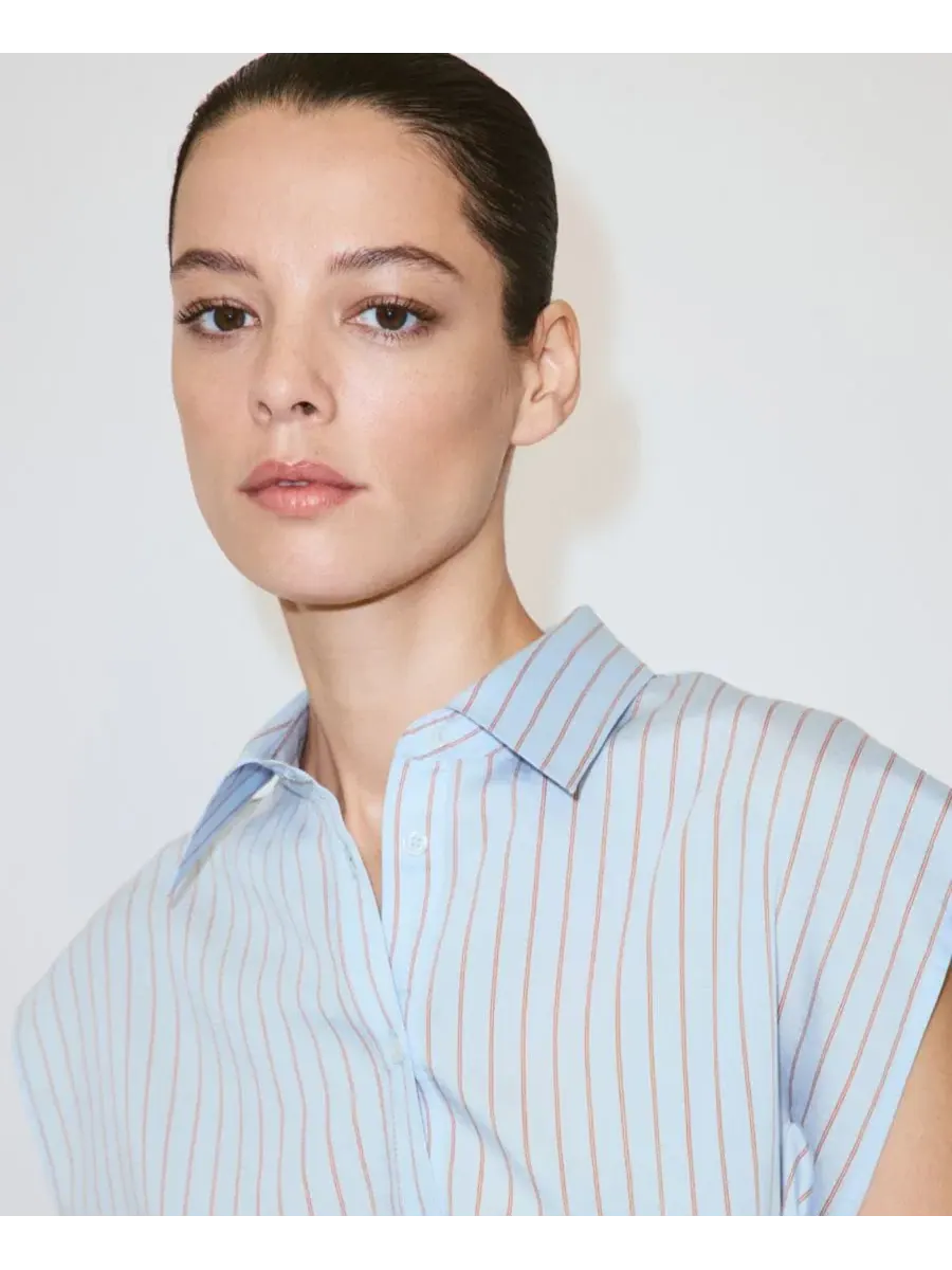 Блуза-безрукавка с бантом и принтом в полоску Lyocell Striped Shirt MANGO — изображение 5 из 7, светлый синий