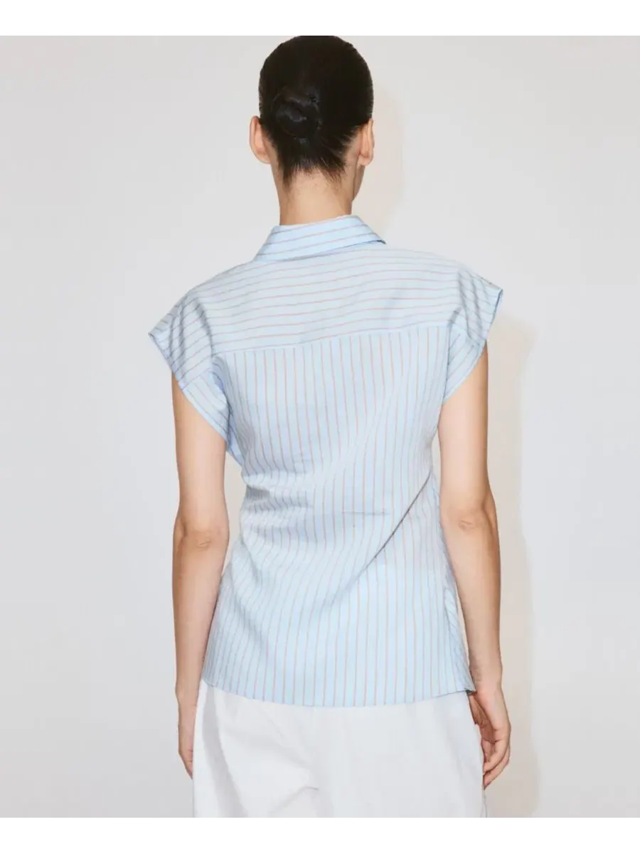 Блуза-безрукавка с бантом и принтом в полоску Lyocell Striped Shirt MANGO — изображение 6 из 7, светлый синий