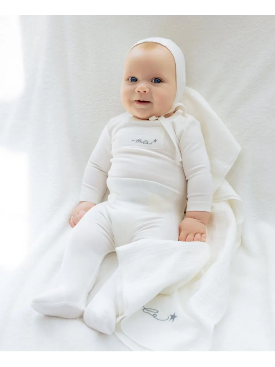 Хлопковая футболка с муслиновыми нашивками Baby Layette NoggiWear — изображение 2 из 4, слоновая кость/синий