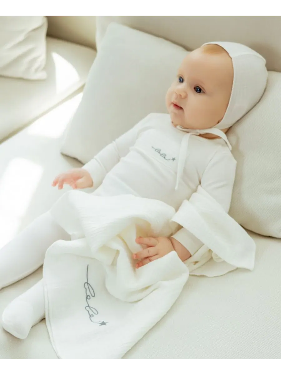 Хлопковая футболка с муслиновыми нашивками Baby Layette NoggiWear — изображение 3 из 4, слоновая кость/синий