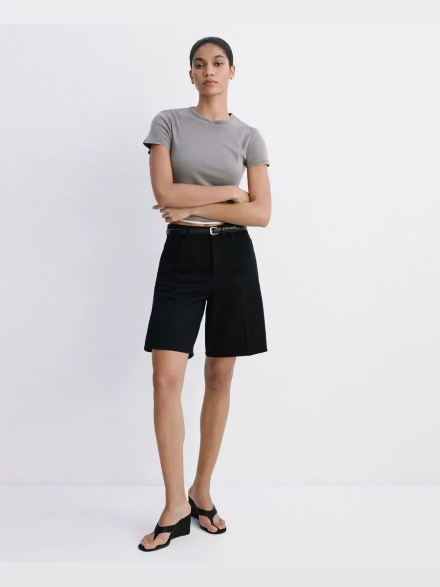 Шорты джинсовые с высокой посадкой прямого кроя Black Denim MANGO — изображение 2 из 8, черный джинсовый синий