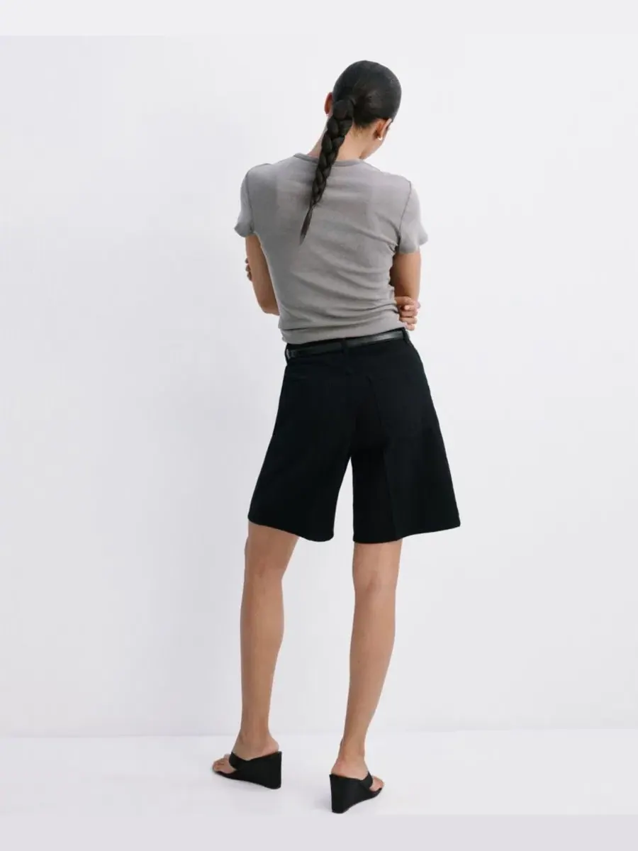 Шорты джинсовые с высокой посадкой прямого кроя Black Denim MANGO — изображение 3 из 8, черный джинсовый синий