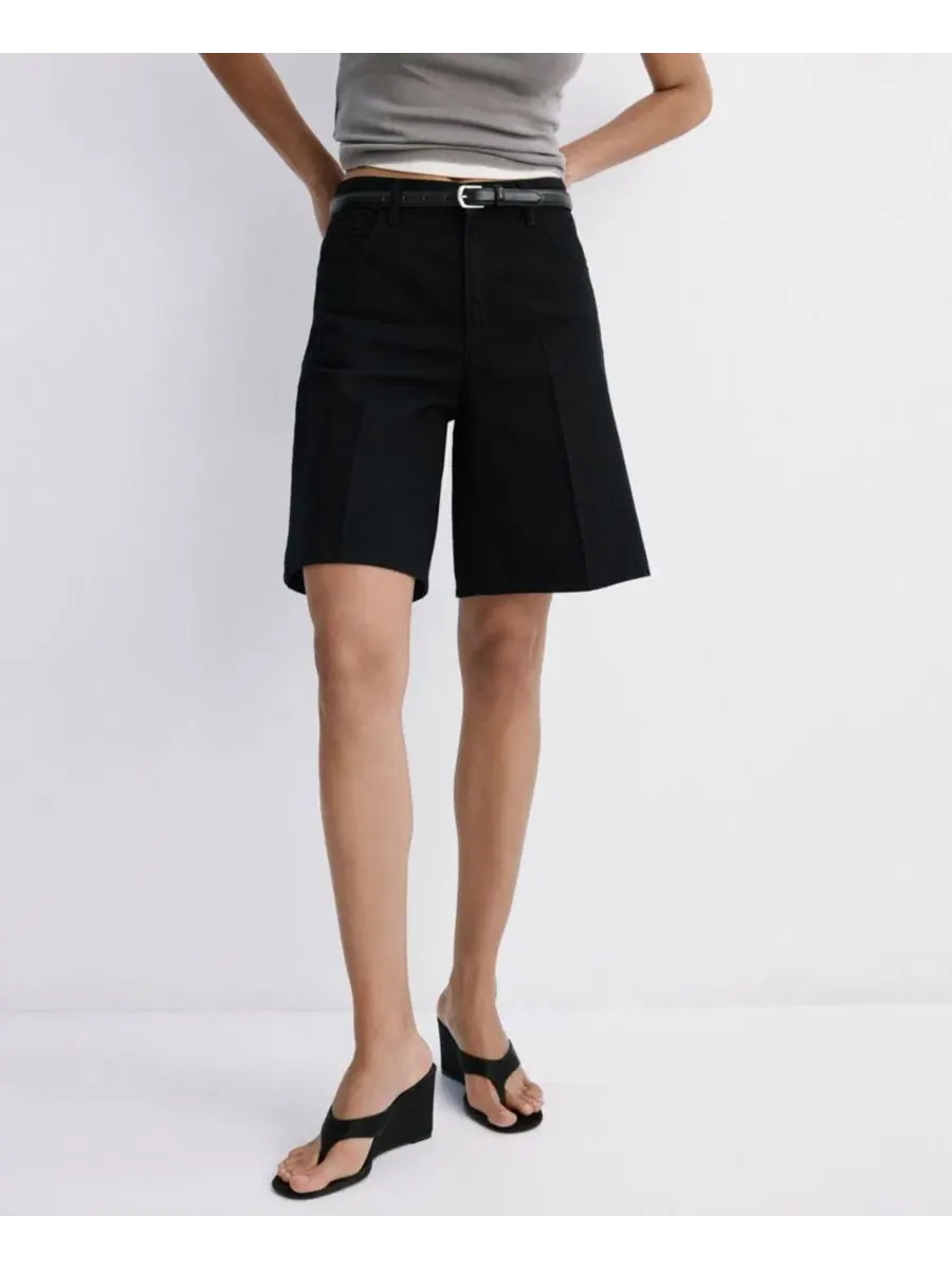 Шорты джинсовые с высокой посадкой прямого кроя Black Denim MANGO — изображение 8 из 8, черный джинсовый синий