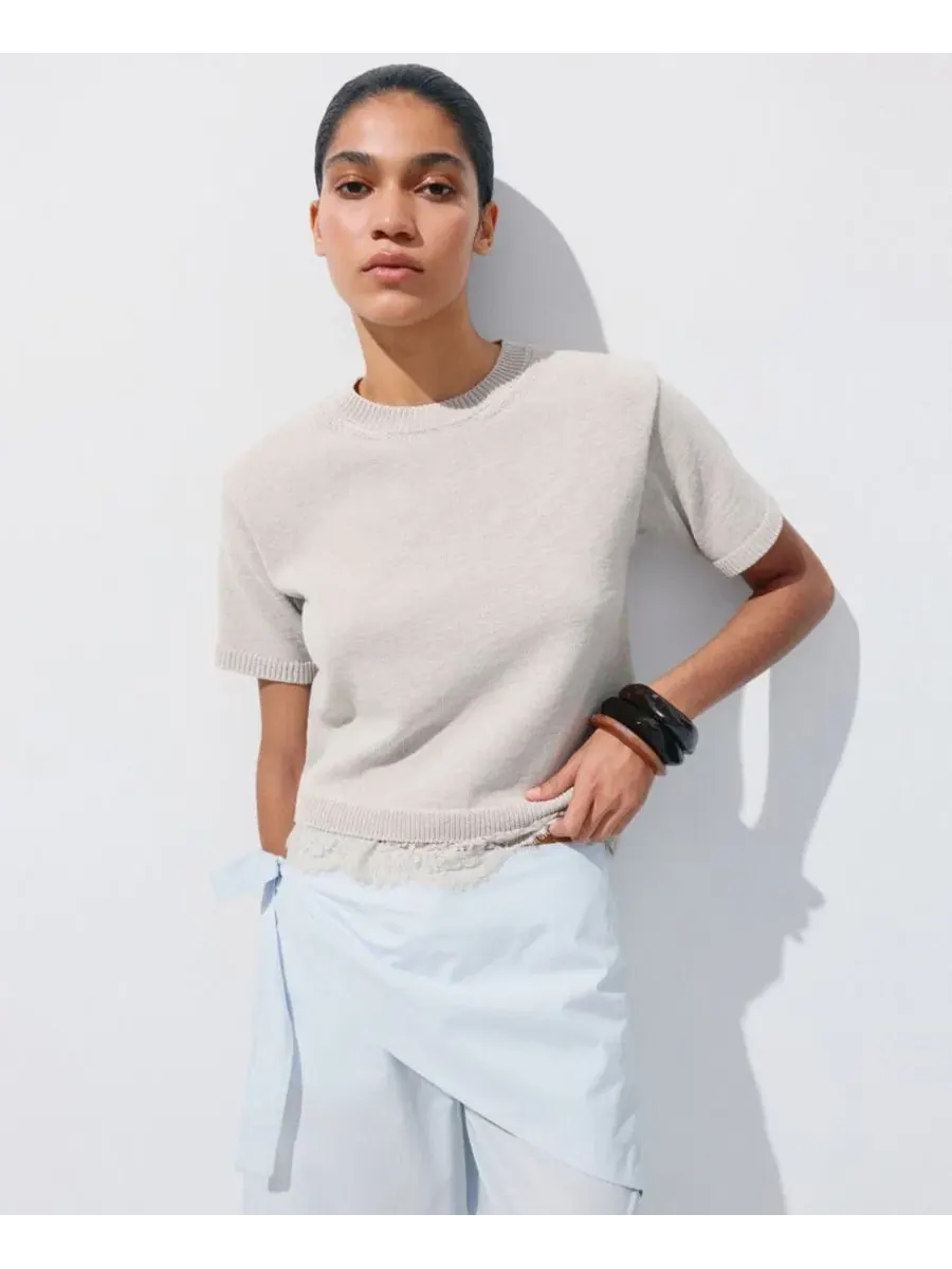 Женский джемпер с кружевной отделкой, короткий рукав, прямой крой, Ribbed Lace-Trimmed Jumper MANGO