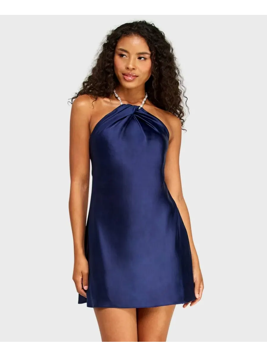 Платье-сатин с имитацией жемчуга, модель Imitation Pearl Beaded Halter Heavy Satin Dress Alex &