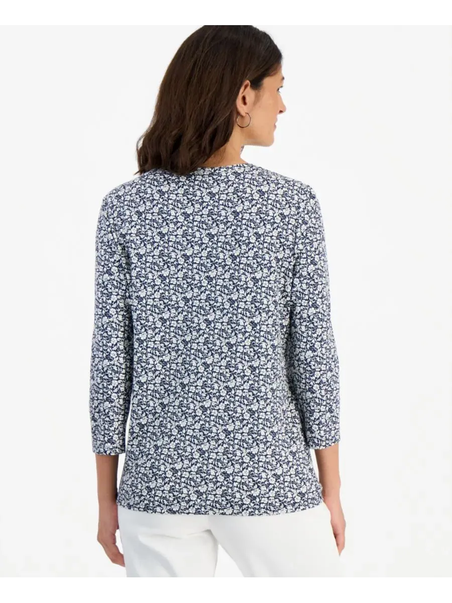 Женский топ с принтом и рукавом 3/4, Henley Style & Co — изображение 3 из 3, синий