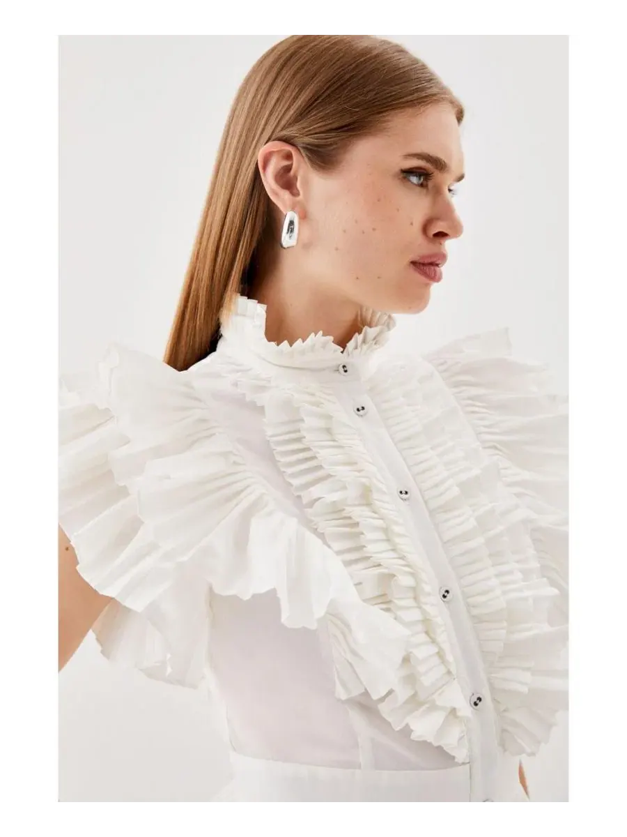 Блуза с плиссировкой и рюшами Karen Millen — изображение 2 из 8, белый