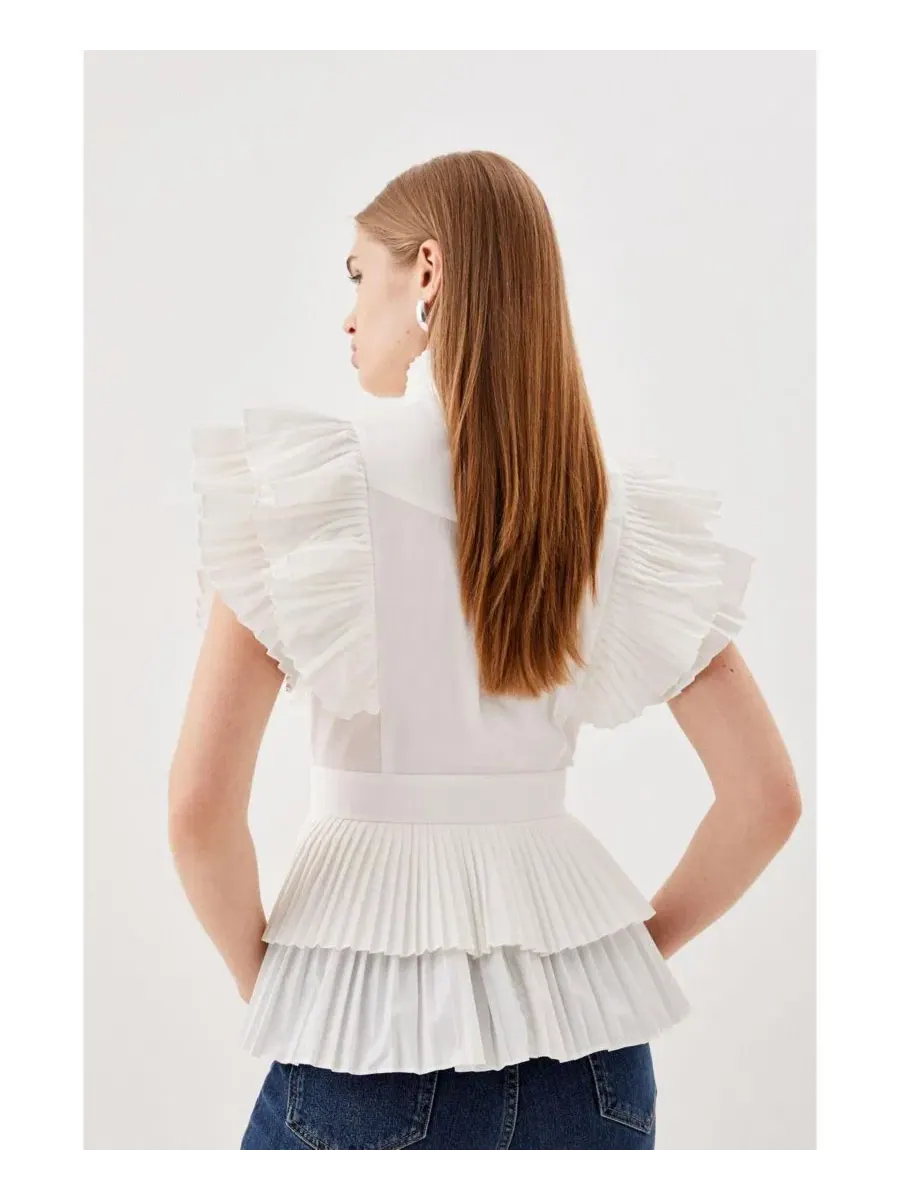 Блуза с плиссировкой и рюшами Karen Millen — изображение 4 из 8, белый