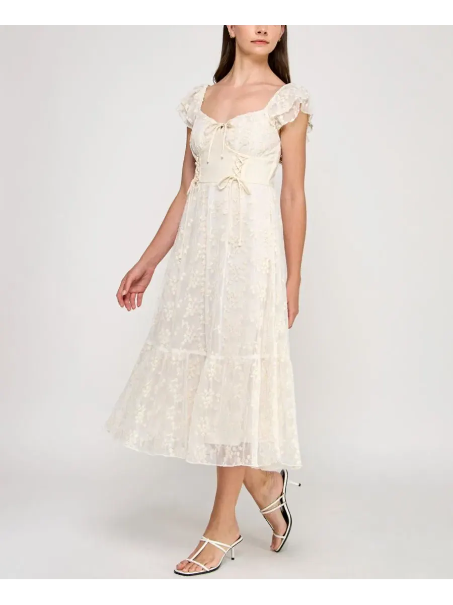 Платье миди с кружевом и рукавами-фонариками, модель Sweetheart-Neck Flutter-Sleeve Lace Midi Dress — изображение 2 из 4