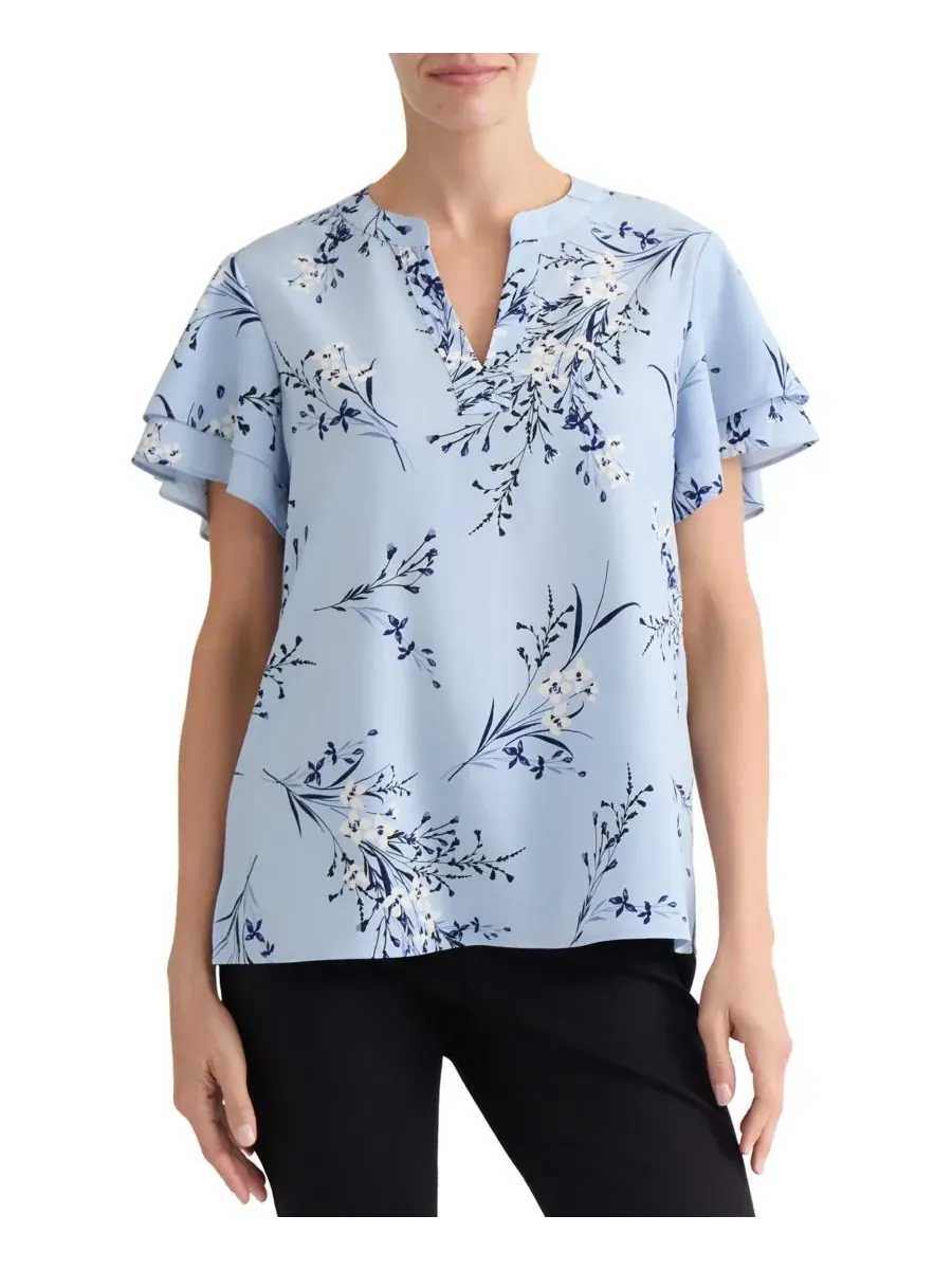 Блузка с цветочным принтом и короткими рукавами Petite Floral-Print Short-Sleeve Blouse Jones New — изображение 2 из 5, синий