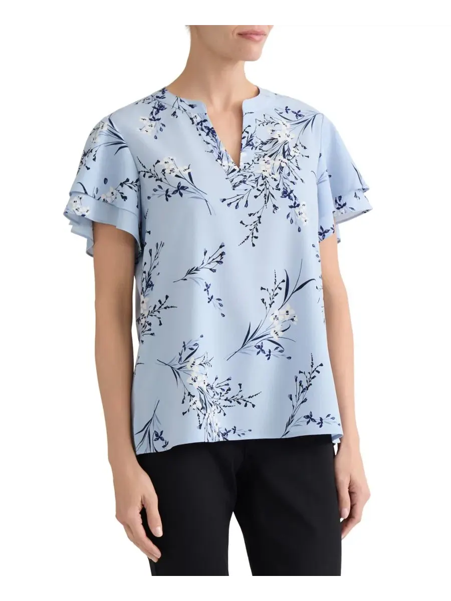 Блузка с цветочным принтом и короткими рукавами Petite Floral-Print Short-Sleeve Blouse Jones New — изображение 3 из 5, синий