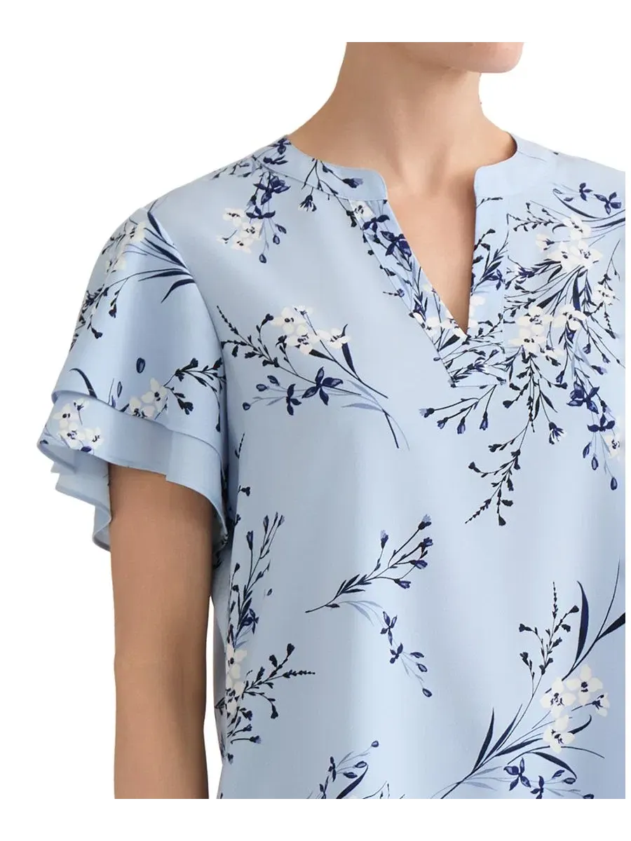 Блузка с цветочным принтом и короткими рукавами Petite Floral-Print Short-Sleeve Blouse Jones New — изображение 4 из 5, синий