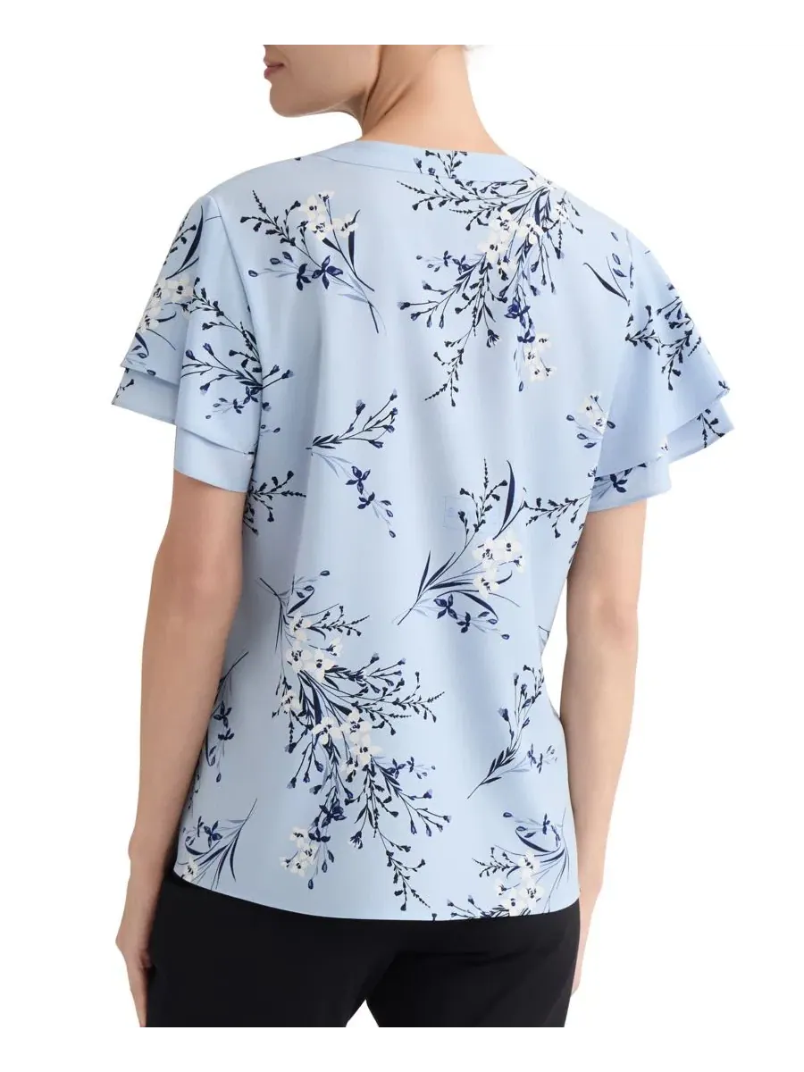 Блузка с цветочным принтом и короткими рукавами Petite Floral-Print Short-Sleeve Blouse Jones New — изображение 5 из 5, синий