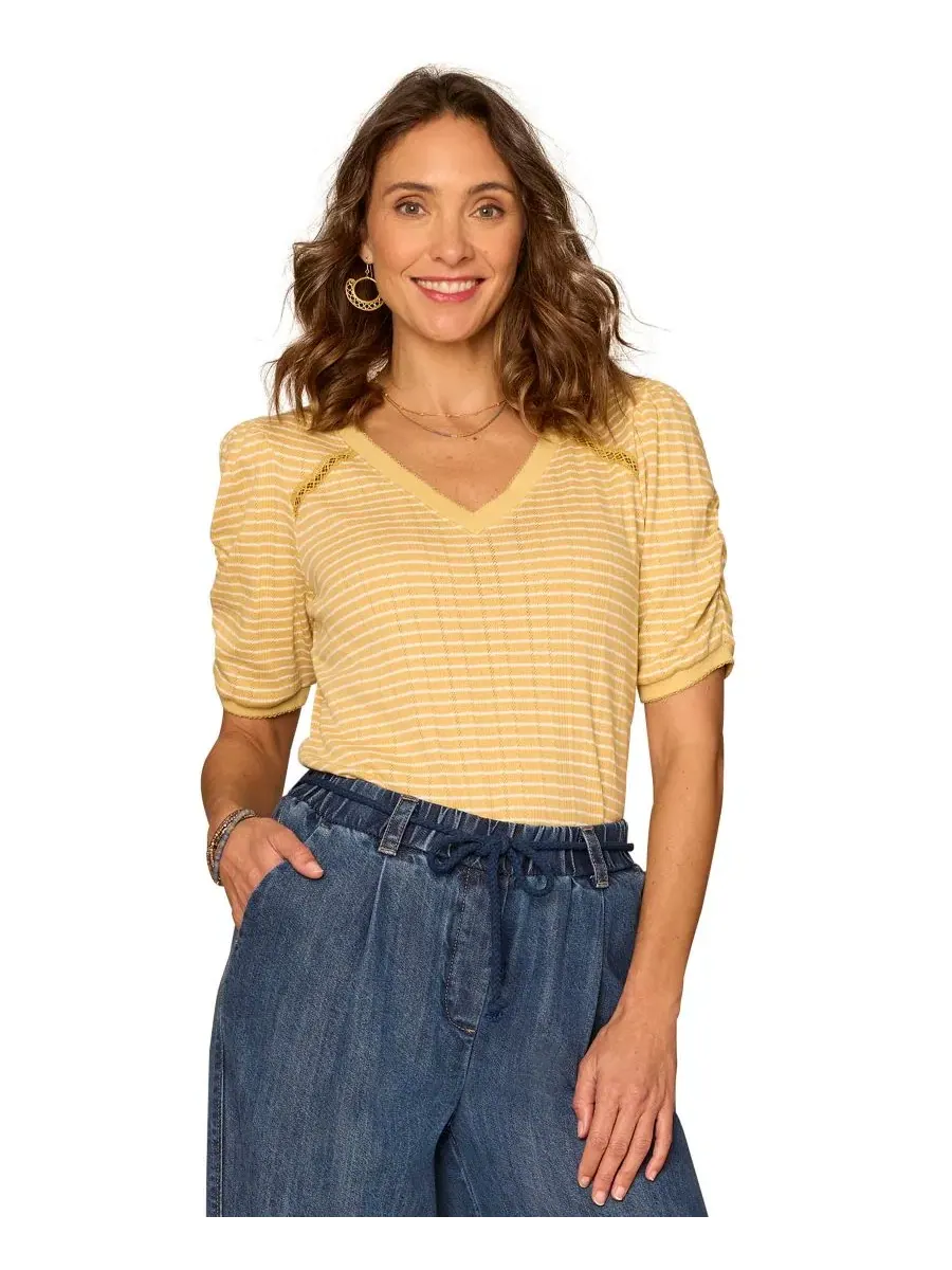 Блуза с V-образным вырезом и рукавом-фонариком Petite Puff-Sleeve V-Neck Top Democracy, Tuscan Sun