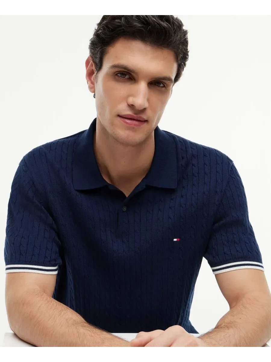 Мужской свитер-поло с коротким рукавом Cable Knit Tommy Hilfiger — изображение 3 из 4, темно-синий