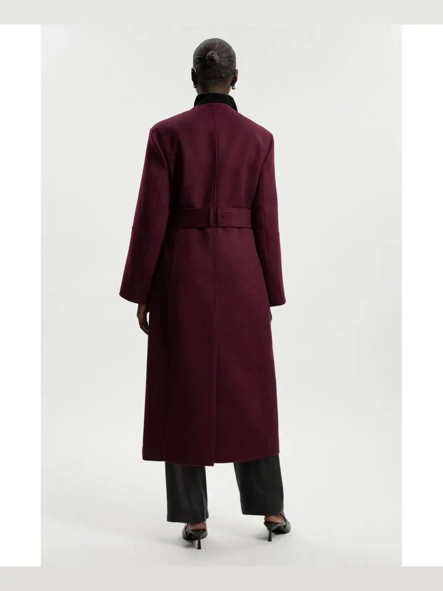 Женское шерстяное однобортное длинное пальто с поясом Karen Millen — изображение 3 из 8, бордовый