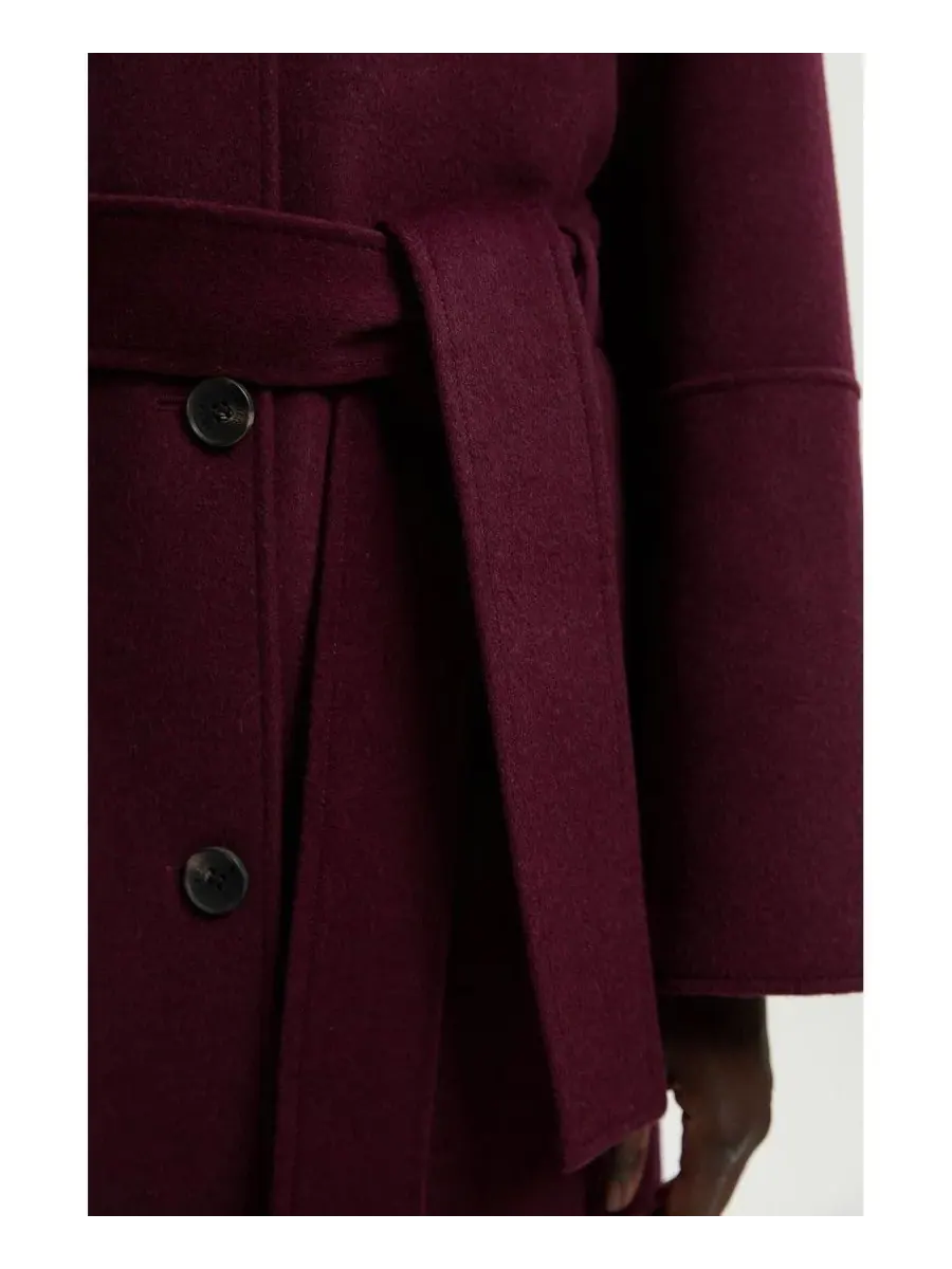 Женское шерстяное однобортное длинное пальто с поясом Karen Millen — изображение 4 из 8, бордовый