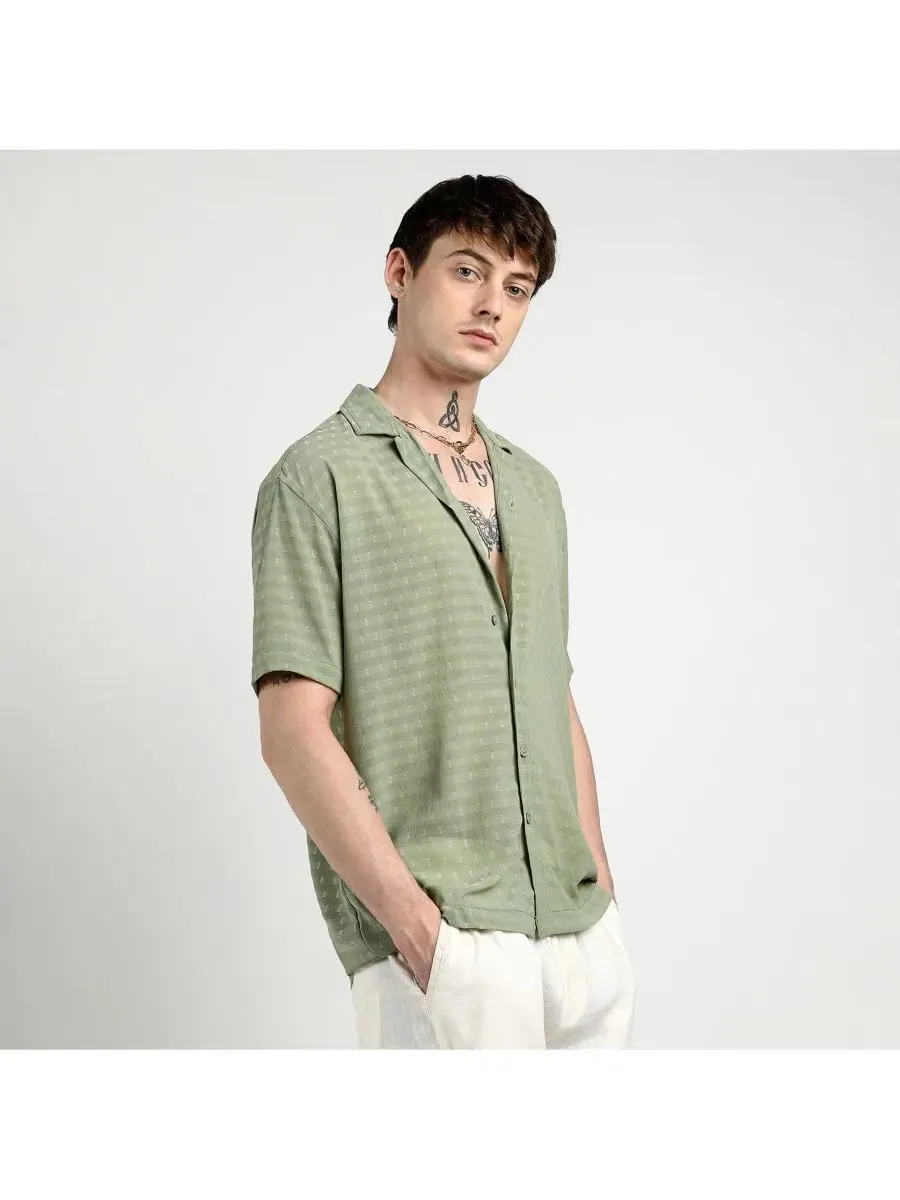 Рубашка с коротким рукавом и кубинским воротником, модель Utility Tartan Plaid Oversized Campus — изображение 2 из 7, зеленый